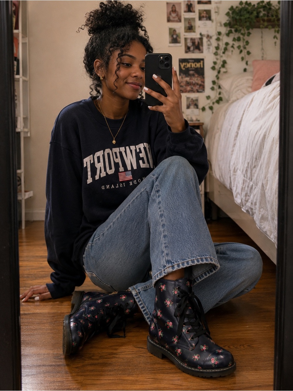 Beautiful navy blue boots with flowers